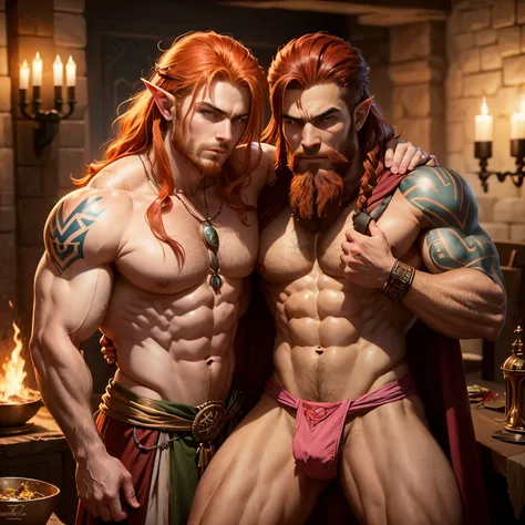 Middle eastern, muscular man, half-man, half demon, green olive skin, yellow eyes, large, hooked nose, bulky, power lifter, desert, male, bare chest and stomach, ganondorf, fantasy, red hair, red beard jewelry, tribal, desert tattoos, he is romantic, embra...