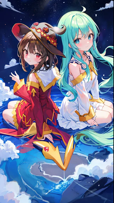 beautiful illustration、qualidade superior、Cute twin girls (Aqua e Megumin)、Limpeza para 2 pessoas、PastelColors、Orelhas de guaxinim fofas、curto、cabelos castanhos e azuis、clear lighting、Olhos cor-de-azul e vermelhos brilhantes、rabo de cavalo