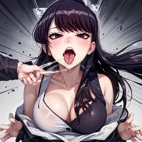 sucking dick, blowjob, 1 girl, open mouth, saliva, drooling, wet, cum on mouth, cum on tongue, cum on face, big boobs, big ass, big thighs, blush, crossed-eyes, front view, looking at the viewer, milf, ahegao, rolling eyes, tongue, Komi shouko