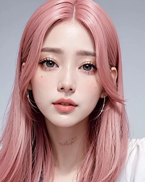 um close up de uma mulher com cabelo rosa e uma peruca rosa, Douyin maquiagem, linda Delphine, tom de pele rosa pastel, pale porcelain white skin, jennie blackpink, rosto sexy com maquiagem completa, pele rosa lisa, kawaii retrato realista, cara ahegao, Ul...