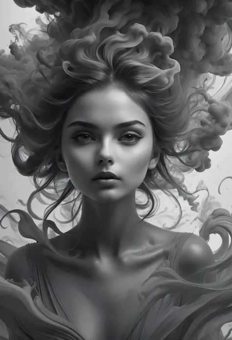 (line art:1.5)，Mono Color，A beautyful girl，abstract painting,model shoot style, (extremely detaild的 CG unified 8k wallpapers), A chaotic storm of complex liquid smoke rising overhead, Stylized abstract portrait of beautiful girl,