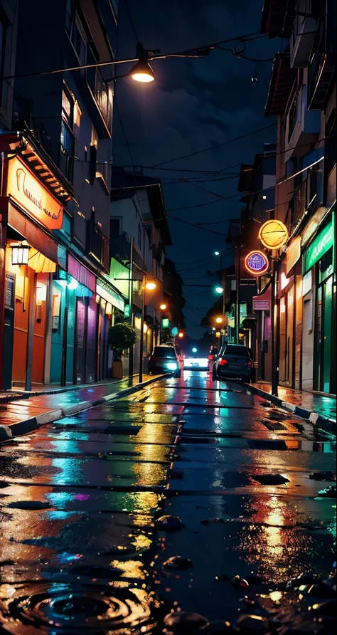 best quality, master part, Realistic, fotorrealista, faxada de um bar, dia chuvoso, rua molhada,  small puddles of water reflecting the street light , faxada do bar escrito em neon "TRECHOS", rua sem movimento de pessoas, , postes com luzes , ambiente na c...