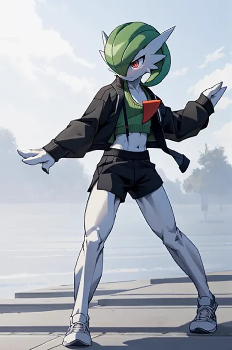 masterpiece, best quality, full body, Solo, male focus, (androgynous), furry, (Gardevoir)), ((pokemon)), (crop jacket), (sweater crop top), (tai chi),