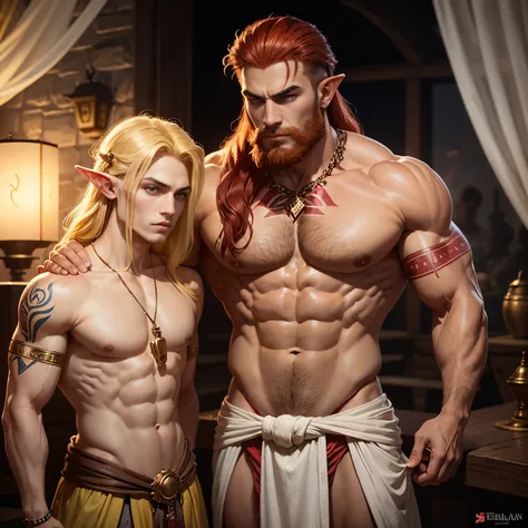 Middle eastern, muscular man, half-man, half demon, green olive skin, yellow eyes, large, hooked nose, bulky, power lifter, desert, male, bare chest and stomach, ganondorf, fantasy, red hair, red beard jewelry, tribal, desert tattoos, he is romantic, embra...