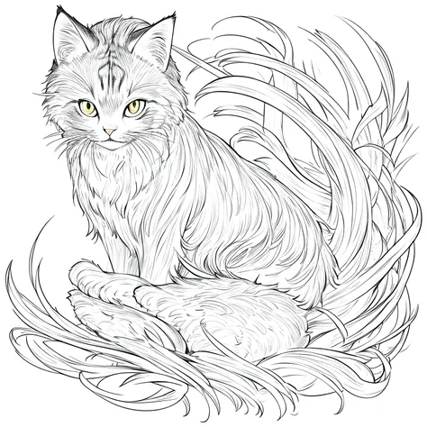 (cats), lineart, hand drawing, monochrome, masterpiece, best quality, highly detailed, high resolution, front lighting, white ba...