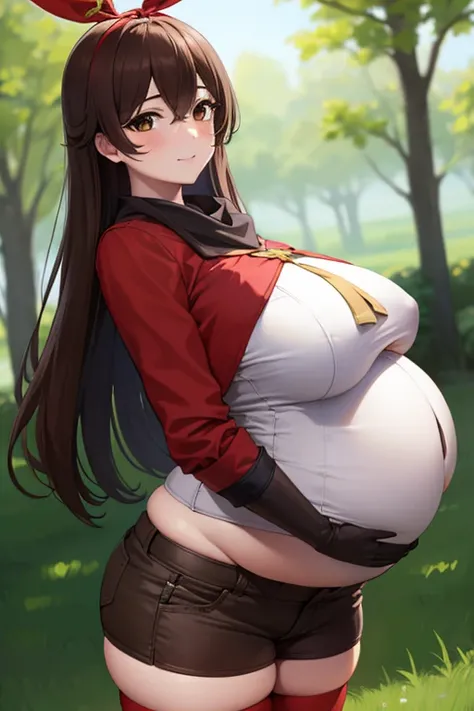 genshinamber, amber, brown hair, long hair, (brown eyes:1.5), hair between eyes, hair ribbon, ribbon, red ribbon, (small breasts:1.2), smile,
BREAK brown shorts, long sleeves, white thighhighs, shorts, thighhighs, jacket, crop jacket, red jacket, corset, g...