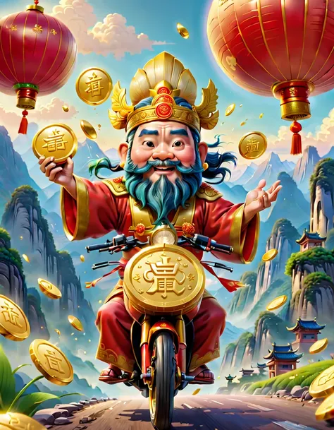 pixar style，(Long-range shooting: 1.5), (The god of wealth in Chinese mythology），A lovely God of Wealth，Riding an e-bike，Holding gold ingot in hand，Treasures follow，Clean and simple background，simple backgound，Chinese elements