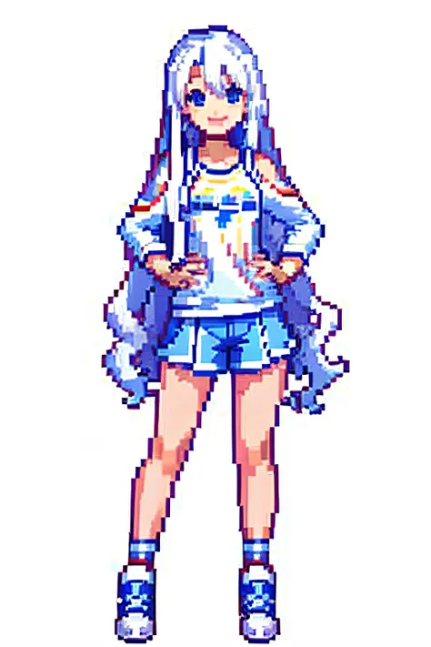 one cute teen girl, longhair straight curly hair, white hair, blue eyes, colorful casual outfit, smile, standing, standing pose,...