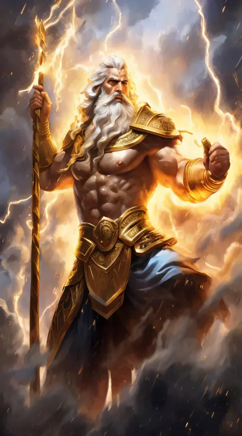 a painting of a man with a long beard holding a staff, furious god zeus, the god zeus, epic scene of zeus, painted portrait of rugged zeus, legendary god holding spear, the god poseidon, portrait of greek god ares, portrait zeus, ancient blacksmith god, po...