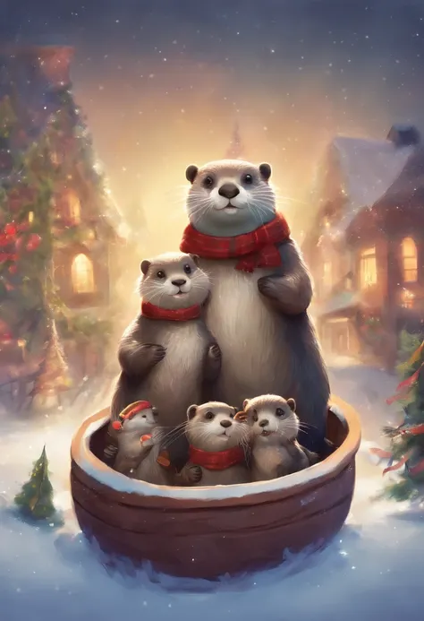 happy Otter family in christmas