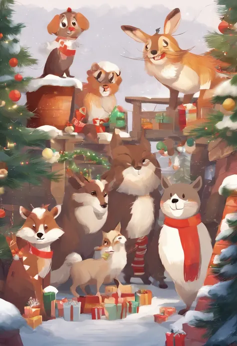 happy animal family in christmas