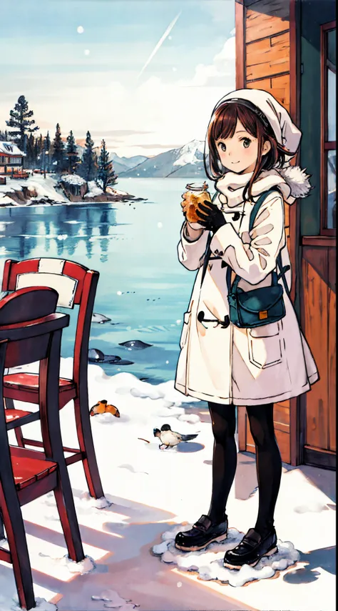 best quality, detailed background, girl,sea, cafeteria, bird, snow, winter,