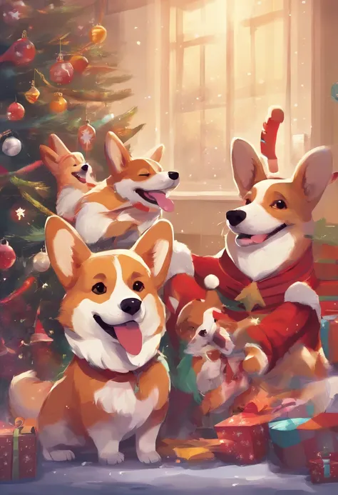 happy corgi family in christmas