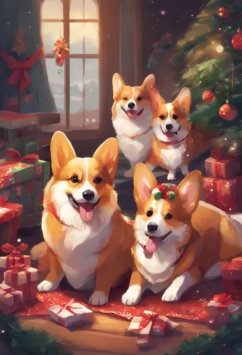 happy corgi family in christmas