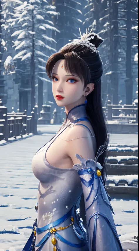 "1 Beautiful girl in traditional clothes, Slim fit light blue dress，Made of high quality silk, deep slit shirt, Long hair and silver bangs with a hint of light blue, The most beautiful、The most delicate hair accessories, Pretty little face and thin eyebrow...