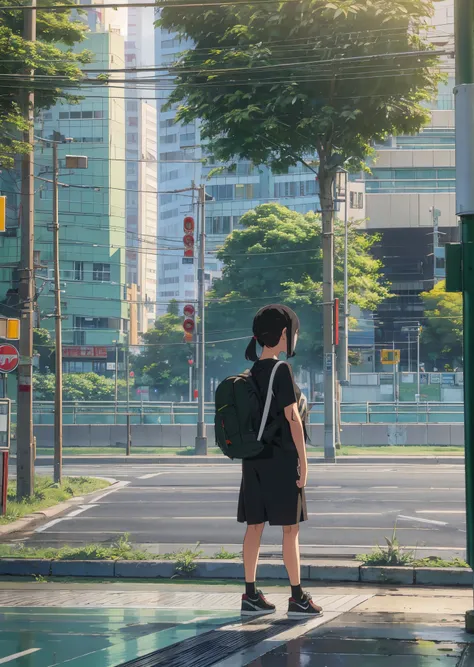 A girl in black tshirt and canvas shoes and backpack waiting at empty bus stop , green Lush background, leaves flies realistically, a long bypass road can be seen , a few skyscrapers in the opposite side of the road, Xianxia style --auto --s2