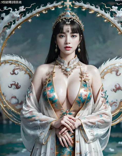 (heavy breasts)、top-quality、​masterpiece、超A high resolution、（Silver Dragon Armor）、(((Colossal tits))),dragon armor、(((large floral ornament on the head))),(((Detailed Micro Bikini))),(Wearing a beautiful crown made of jewels),(Photorealsitic:1.4)、Raw photo...