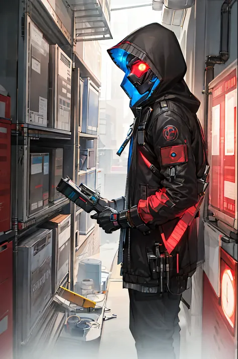 male character, in hood, cyberpunk, red neon, mask