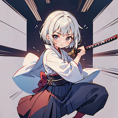 short-hair　Silvery hair　Samurai　kimono　teens girl　kawaii faces　Japanese sword with long blade　Single person　Sword stance