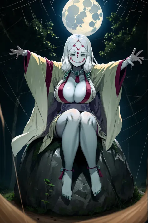 (best quality) mother spider from demonslayer, sitting in forest, posing, at night, natural realistic lighting, big boobs, thick...