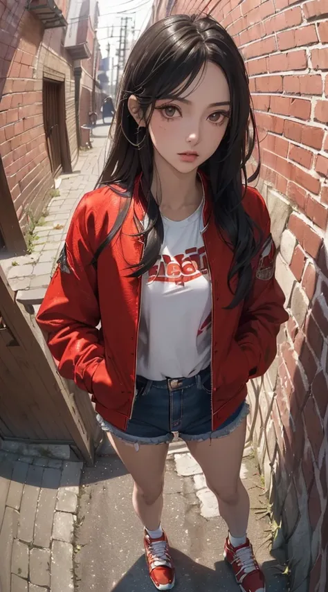 (((8k wallpaper of extremely detailed CG unit:1.2, ​masterpiece, hight resolution:1.2, top-quality:1.2, masutepiece))), ((a very beautiful woman, Street fashion:1.5, wearing a red blouson, Wearing shoes:1.3, Hands in pockets:1.8)), ((extra detailed face, H...