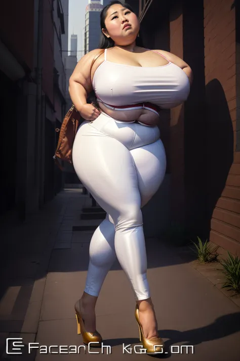 Wear tight leather pants，Asia face，Fair skin，arrogant，disgusted expression，Impatient look，a little bit chubby，Muscular，Bigchest，The chest is obvious，Fat on the stomach，with a round face，Fat girl，fatness