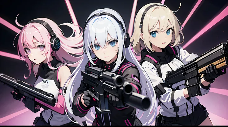 at the battlefield，Carry a firearm，Three white-haired girls performing tactical moves，Put on headphones with pink neon lights，at the battlefield，Carry a firearm