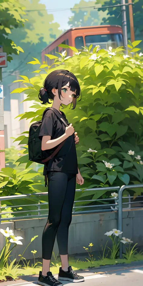 A girl in black tshirt and canvas shoes and backpack waiting at bus stop , green Lush background, leaves flies, a long bypass road can be seen, City street with flowers, A city street with buildings --auto --s2