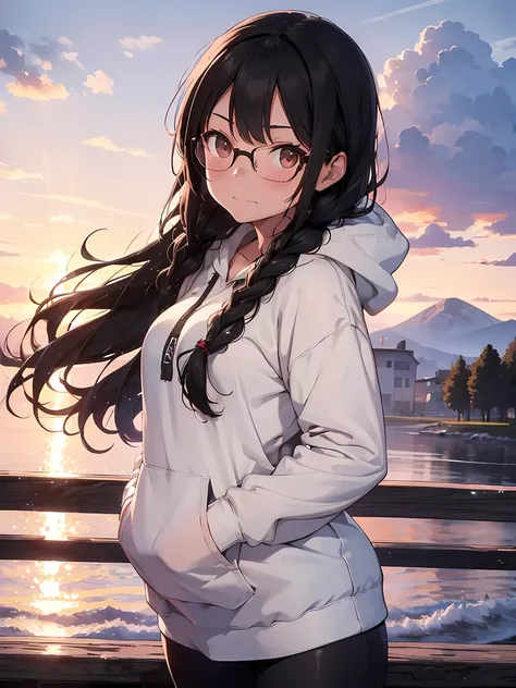 1girl, long black hair, braid, brown eyes, wearing black hoodie, leggings, glasses, biting lips, blushing, absurdres, high res, ultrasharp, 8K, masterpiece, looking at viewer, snow, comfy, scenery, sunset, clouds, wind