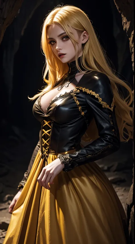 female vampire, dark cave background, brown eyes, yellow pupils, blonde hair, fantasy colors, random beautiful dress, half body, dangerous, creepy look, masterpiece, ultra high details