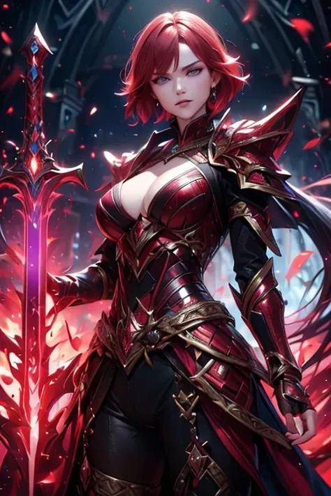 (best quality,4k,highres),redhead warrior women in battle,blue eyes, short hair,red hair (redhead):1.1,purple armor,gold plating,fire magic (magic:1.1),holding sword,purple earrings, angry expression, fierce,large breast,exposed belly button (sexy),casting...