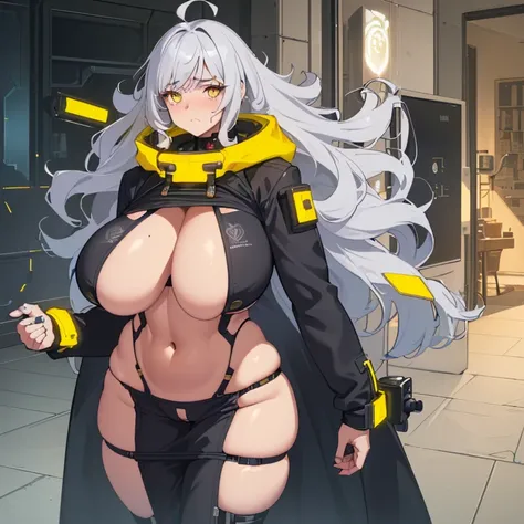 ((1 cyborg woman)),((huge breasts)),((curvy woman)),((walking in a room)),((a vibrator shaped like a penis stuck in her pussy)),((embarrassed face )),((bare breasts, with lots of bubbly hair, wearing a scientists coat)),((long gray hair, bright yellow eyes...