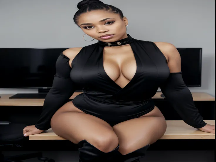 Light skin black girl as corporate lady,full body shot, thigh high boots, black open robe showing full naked body, mature curvy milf figure, ponytail hair, posing in conference room, bright sunny day, huge breasts, seductive face, look at camera and seduci...