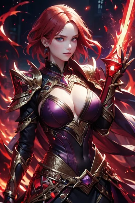 (best quality,4k,highres),redhead warrior women in battle,blue eyes, short hair,red hair (redhead):1.1,purple armor,gold plating,fire magic (magic:1.1),holding sword,purple earrings, smirk, confident, large breast,exposed belly button (sexy),casting spell,...