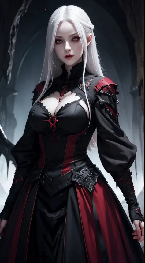 female vampire, dark cave background, grey eyes, red pupils, white hair, fantasy colors, random beautiful dress, half body, dangerous, creepy look, masterpiece, ultra high details