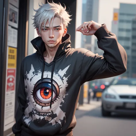 A beautiful man wearing a black sweatshirt with the Eye of Gogo from the anime Jujutsu Kaisen drawn on it, with a wonderful, attractive design --auto --s2