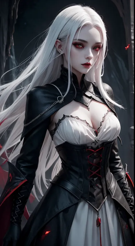 female vampire, dark cave background, grey eyes, red pupils, white hair, fantasy colors, random beautiful dress, half body, dangerous, creepy look, masterpiece, ultra high details