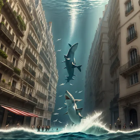 sharks swimming in paris wearing high heels