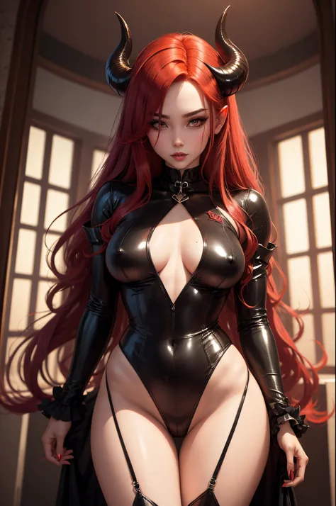 sexy succubus, seductive look, red hair, sexy V Type bodysuit, black horns