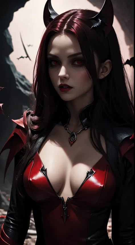 female vampire, bat cave background, red fantasy colors, half body, dangerous, creepy look, masterpiece, ultra high details