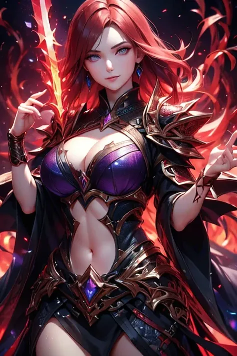 (best quality,4k,highres),redhead warrior women in battle,blue eyes, short hair,red hair (redhead):1.1,purple armor,gold plating,fire magic (magic:1.1),holding sword,purple earrings, smirk, confident, large breast,exposed belly button (sexy),casting spell,...