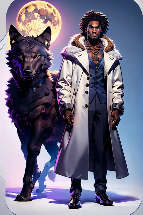 a alien that looks like African American man,with frizzy hair in an labratory, dark fantasy, detailed cyan and black half-buttoned  coat with gold buttons, black belted pants, white belt with a large silver buckle, white buckled shoes, and two necklaces wi...