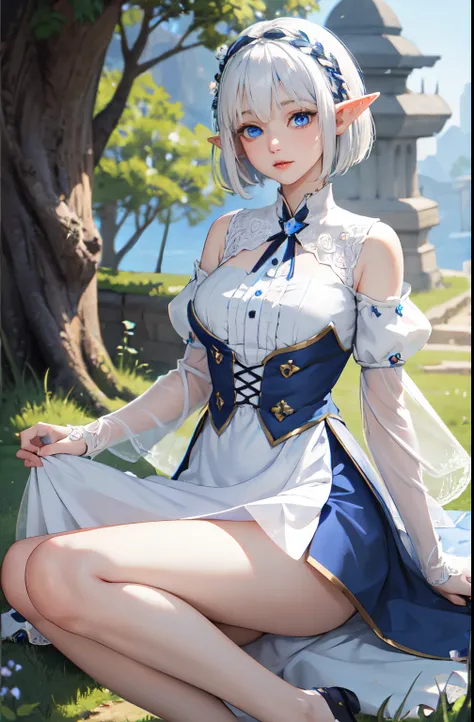 1 Elf girl, Fairy dress, palace, blue eyes, white hair, mini skirt, beautiful eyes, hair decoration, Big chest, navy blue clothes, short hair, Big chested