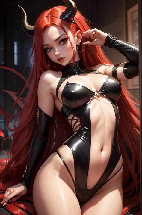 sexy succubus, seductive look, red hair, sexy V Type bodysuit, black horns