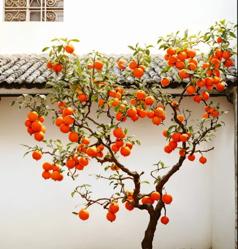 There is a small tree，Oranges grow in the basin, orange plants, stunning images, with fruit trees, fruit trees, The orange, a beautiful tree, vibrant but dreary orange, stunning  visuals, Chinese, Orange is very coherent, white and orange, There are fruits...