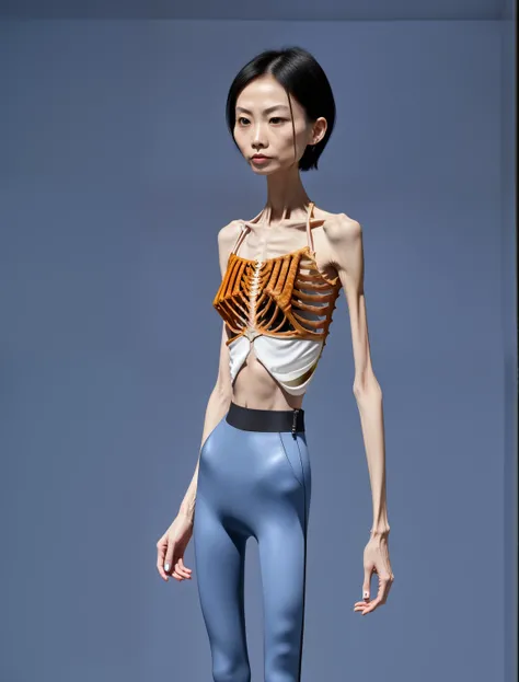 very thin adult woman，A thin body，Protruding sternum，The waist is very thin，The ribs are noticeable，Protruding ribs，The pelvic protrusion is very obvious，Pelvic width，Legs are just skin and bones，White skin of the，thin shoulde，The waist is very thin，Sunken...