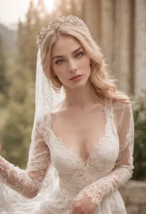 Natural blonde hair, Distinctive green eyes,, slender and graceful,,,,,,,,,,,,,, Beautiful, Candlelight in medieval atmosphere, Ultra Sharp Focus, realistic shot, quaternary color wedding lace lingerie， Exotic，Close-up of a beautiful bride wearing lace lin...