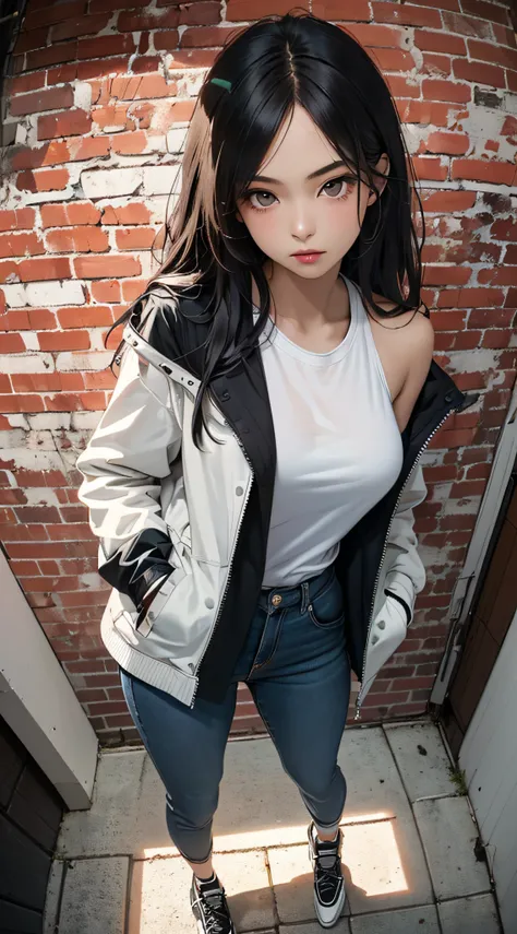 (((8k wallpaper of extremely detailed CG unit:1.2, ​masterpiece, hight resolution:1.2, top-quality:1.2, masutepiece))), ((a very beautiful woman, a 18 year old girl:1.1, Street fashion:1.5, Wearing a blouson, Black bottoms, Wearing shoes, Hands in pockets:...