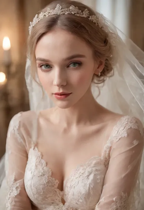 Natural blonde hair, Distinctive green eyes,, slender and graceful,,,,,,,,,,,,,,, Beautiful, Candlelight in a medieval atmosphere, Ultra Sharp Focus, realistic shot, quaternary color wedding lace lingerie， Exotic，Close-up of a beautiful bride wearing lace ...