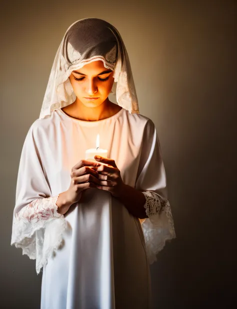 Beautiful modestly dressed woman with veil looking down at candle sad scared hiding in shadow fearful